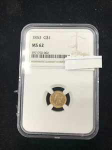 1853 Gold Dollar Coin NGC Slab Liberty Head .900 Gold 22kt UNC MS62 - Picture 1 of 4
