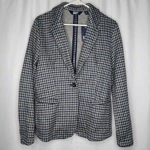 Lands End Blazer Womens Medium Blue Grreen Houndstooth One-Button Ponte Knit - Picture 1 of 7
