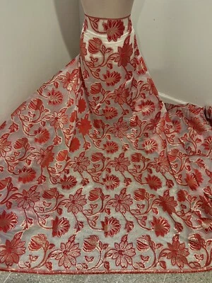 RED GOLD WHITE Metallic Brocade ORGANZA Fabric 58” Width Sold By The Yard - Image 1 of 4