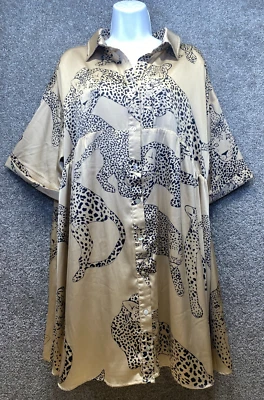 Vestido Camisa Entro Feminino Leopardo Neve Bolsos Oversized Gola Botões de Cetim - Imagem 1 de 4