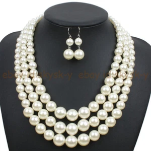 3 Rows 6-14mm White South Sea Shell Pearl Round Beads Necklace Earrings Set - Picture 1 of 4