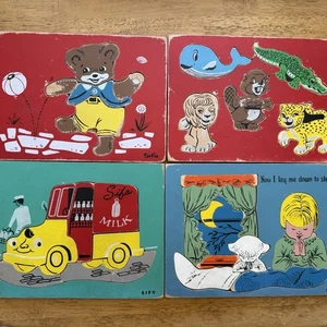 Vintage Sifo Holzpuzzle 4 Tiere betender Milchmann Bär - Bild 1 von 17