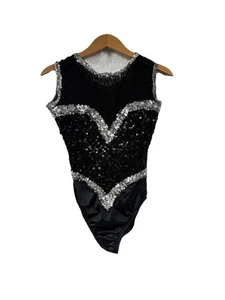 Vintage schwarz silber Pailletten Spitze Turnanzug Showgirl Tanzkostüm Erwachsene Large  - Bild 1 von 7