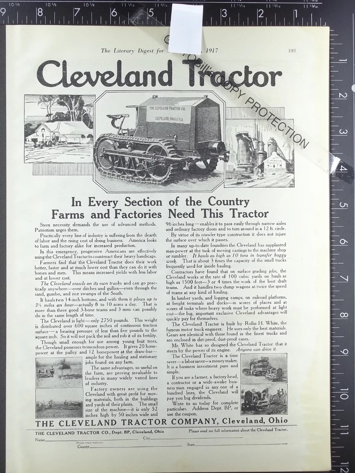 Anuncio 1917 para Cleveland Crawler Tractor Co. Rollin White Truck Builder Foto 1 de 1