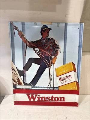 Placa de metal vintage 1980 Winston cigarros construção aço trabalhador Lineman - Imagem 1 de 4