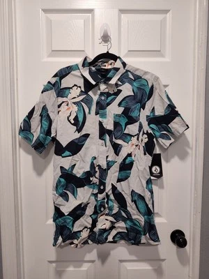 Volcom Mens Cut out Modern fit Short Sleeve Button-Up LARGE Blue Green Floral - Image 1 of 4