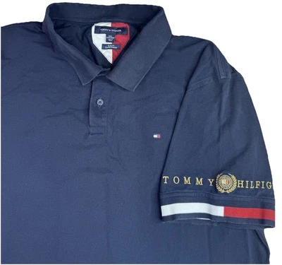 Tommy Hilfiger 3XL Slim Fit Polo Navy Red White Stripe Sleeve Crest Preppy - Image 1 of 4