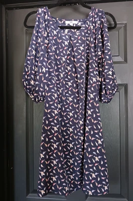 Vestido Ya Los Angeles Talla L Hasta la Rodilla Hombro Frío Azul Boho Novedad Estampado de Pájaro Foto 1 de 4