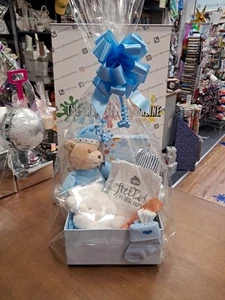 Baby Boy Gift Set gift wrapped In Clear Wrap with bow New Born Baby Shower - Picture 1 of 6