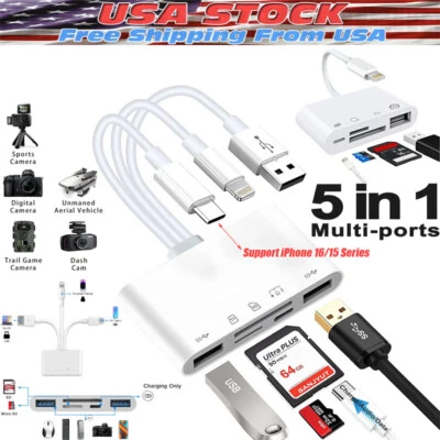 5 in 1 USB SD TF Card Reader Camera Adapter For iPhone 16 15 14 13 12 11 Pro Max - Image 1 of 4