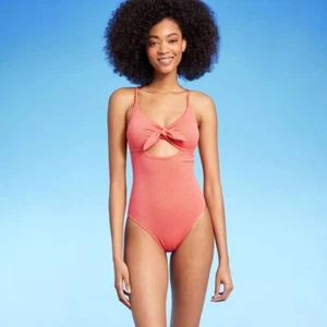 Shade & Shore Crepe Bralette Tie-Front One Piece Swimsuit Womens Large Pink - Picture 1 of 10