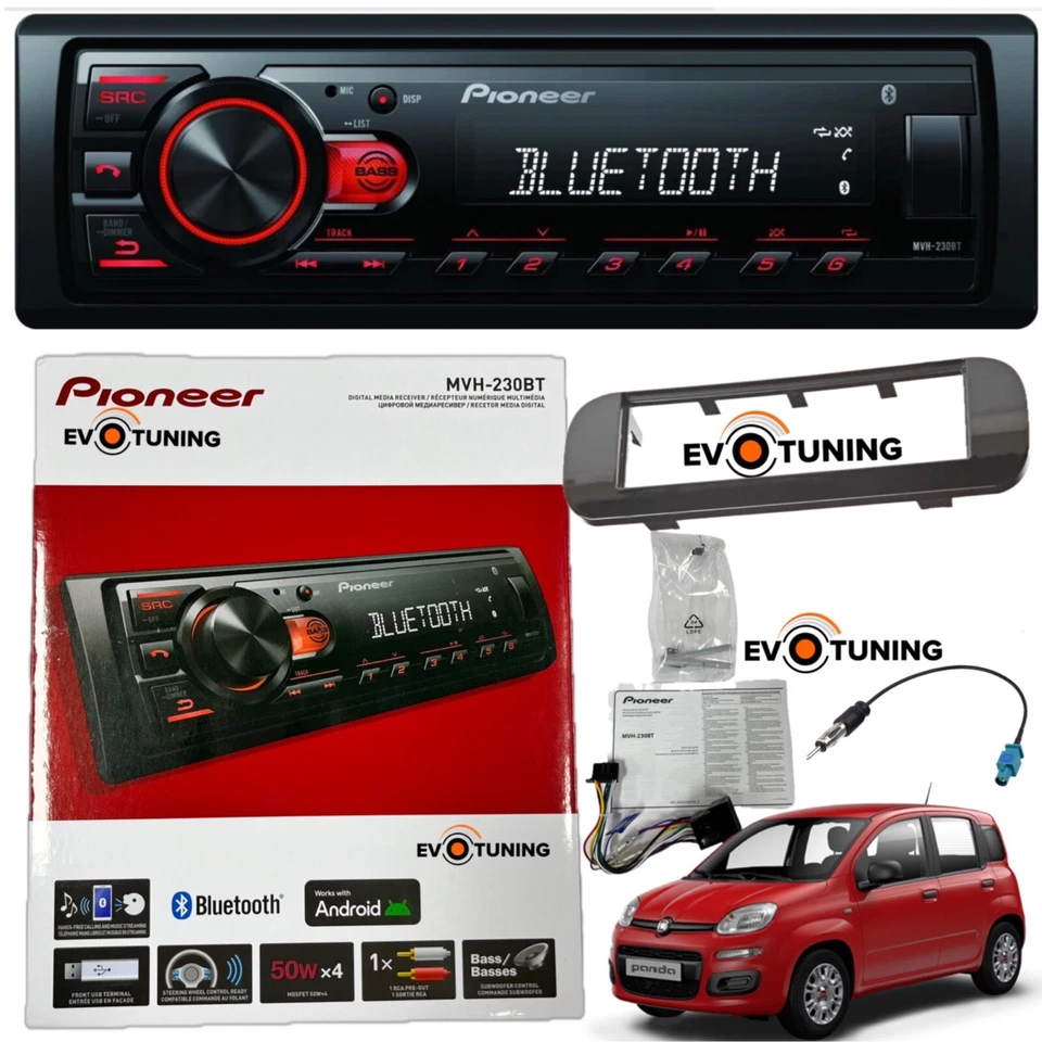 Autoradio Pioneer Mvh230BT Bluetooth 50Wx4 Kit Montaggio Fiat Panda 169 dal 2003