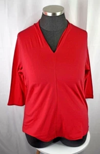 Norm Thompson Knit Top Plus Size 2X Red VNeck Collarless 3/4 Sleeve - Picture 1 of 3