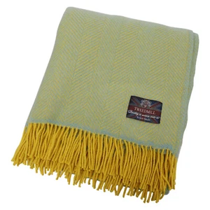 Tweedmill Wool Fishbone Yellow/Ocean Throw 100% Pure New Wool Blanket - Picture 1 of 5