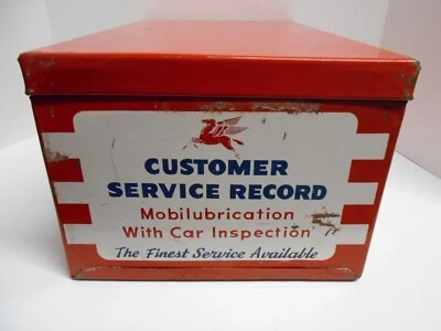 Caja de archivos metálicos vintage Mobil Oil Pegasus servicio al cliente; años 50-70 ca Foto 1 de 4