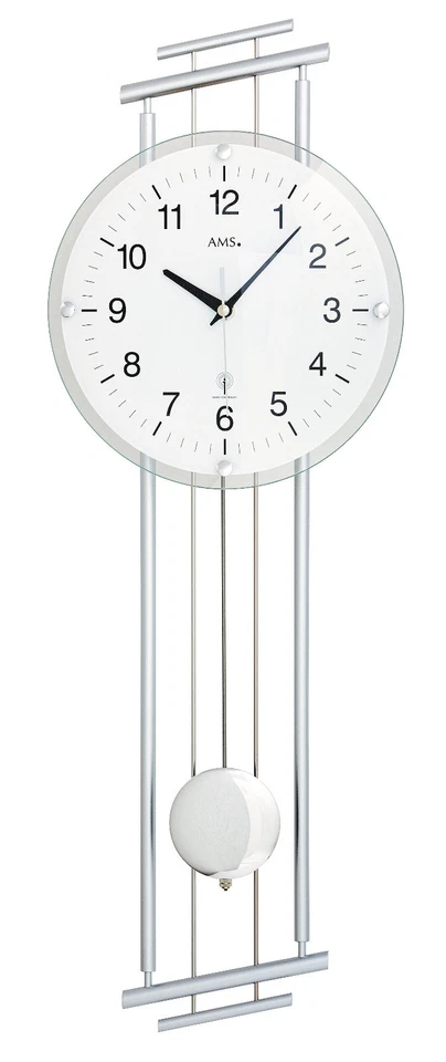 AMS 5316 Wanduhr Funk mit Pendel Pendeluhr Metallgehäuse silberlackiert - Bild 1 von 1
