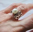 Ring - Sterling & Cultured Pearl Modern Hand Hammered & Scroll Work Sz 7 1/4