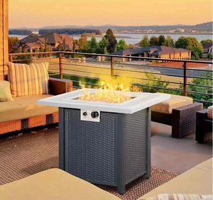 Black Rattan Fire Pit Table 40000 BTU Gas Patio Heater with Lid & Lava Rocks - Picture 1 of 14