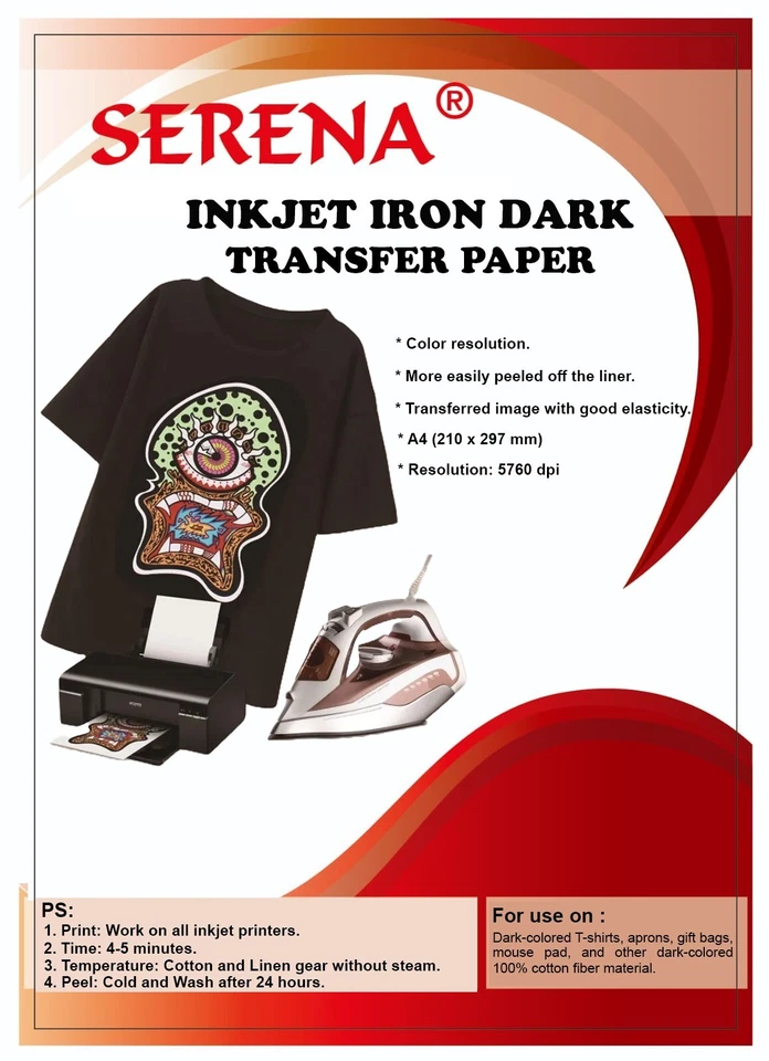 A4 T-Shirt Paper Iron-On Transfer For Dark Fabrics, For Inkjet Print x 10 Sheets - Image 1 of 1