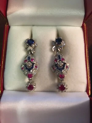 Pendientes araña platino (900PT), diamantes, zafiros, rubíes Foto 1 de 4