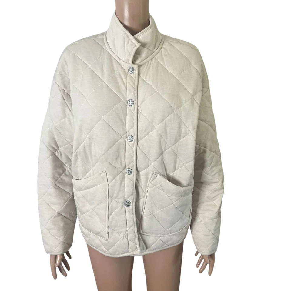 Kensie Jeans Quilted Jacket Women’s Large Beige Snap Button Puffer Coat Pockets - Image 1 of 4