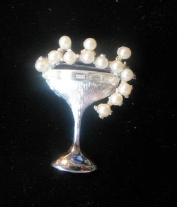 PELE Martini Glass with Faux Pearl Bubbles & Rhinestone Silvertone Pin Brooch - Picture 1 of 3
