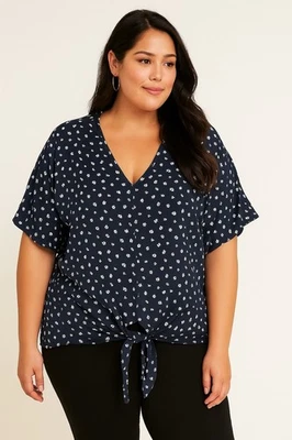 Пышный темно-синий цветочный плюс 2 X галстук спереди длинным рукавом блузка повседневный минималист богемное - Изображение 1 из 4