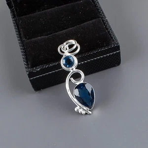 Colgante de dos piedras preciosas de topacio azul de Londres de plata de ley 925 1,47" - Imagen 1 de 6