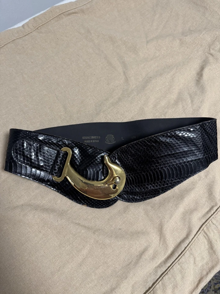 Cinto Creaciones cinza feminino grande preto pele de cobra genuína fivela de golfinho Espanha - Imagem 1 de 4