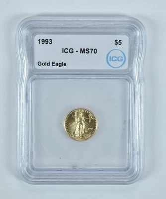 1993 $5 American Gold Eagle 1/10 Oz Gold MS70 ICG *4564 - Image 1 of 4