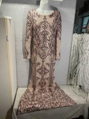 Betsy & Adam Metallic Rose Gold Lace Sequin Long Sleeve Evening Gown Size 10 EUC - Image 1 of 4