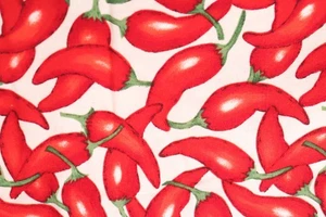 72"L x 42"W Robert Kaufman Tossed Red Chili Peppers on White - Picture 1 of 7