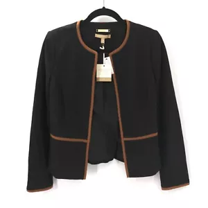 Talbots Tipped Jacket Womens 2 Black Brown Trim Italian Luxe Knit Career - Picture 1 of 8