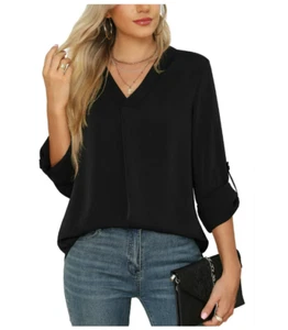 Uvplove Mujer Negocios Informal Elegante Blusa de Gasa Cuello en V Camisa XL Negra NUEVA - Imagen 1 de 7