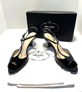 Prada Black Patent Leather T-Strap Kitten Heel Slingback Sandals Sz 41 US Sz 11 - Picture 1 of 12
