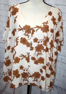 NWT Sanctuary Button Front Beige & Brown Floral Print Short Sleeve Blouse Sz 3X - Picture 1 of 3