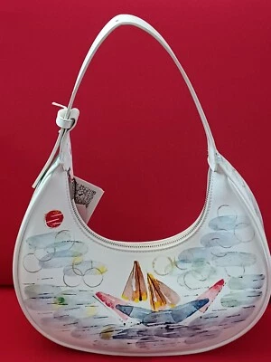 Bolsa Hobo Veleiro Branca Feminina, exclusiva, pintada à mão por Marina Gershman - Imagem 1 de 4