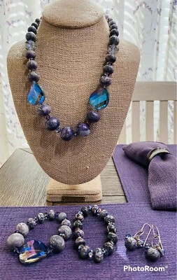 Charoite and Crystal Necklace 19 Inch set w/ bracelets and earrings - Image 1 of 4