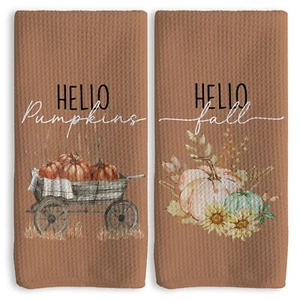 Hello Fall Pumpkin Orange Kitchen Towels 16x24In Set of 2 Fall Kitchen Dish H... - Picture 1 of 7