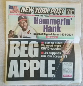 NEW YORK POST JANUARY 23 2021 HANK AARON PASSES AWAY BRAND NEW FREE SHIPPING - Picture 1 of 2