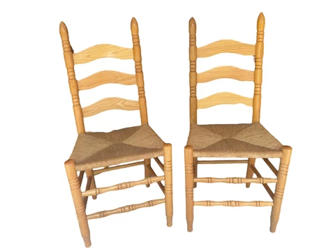 Vintage Solid Oak Ladder HighBack Wooden Dinning Chairs w/ Rush Seat (Set of 2) Cover
