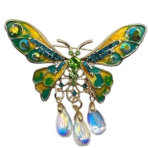 SCHMETTERLING BROSCHE Anstecknadel blau Strass Emaille Ab Perle baumelt Modeschmuck - Bild 1 von 6