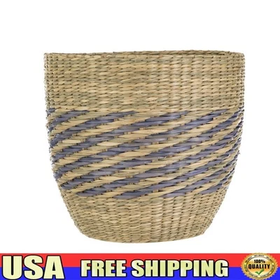 Tapered Seagrass Basket Handmade Decorative Planter Modern Blue Detail Storage - Image 1 of 4