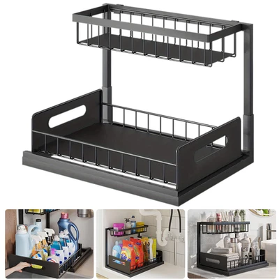 2 Tier Under Sink Storage Organiser Shelf Spice Rack Pull Out Drawer Kitchen - Image 1 of 4