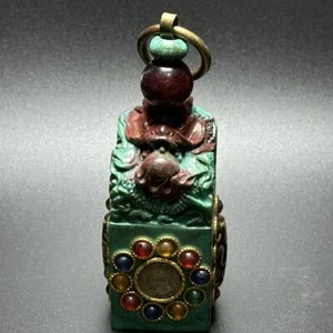 Antiguo sello de jade sello estatuilla incrustación turquesa cuentas Dzi decoración escritorio adorno - Imagen 1 de 6
