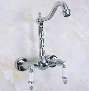 Grifo de lavabo de baño con manijas de cerámica dobles de montaje en pared de cromo pulido - Imagen 1 de 6