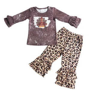 Girls Long Sleeve Leopard Bell Pants Set 2pcs Thanksgiving Outfit Turkey Print - Picture 1 of 1