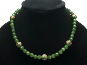 Vintage 14k Gold Clasp Dark Green Chinese Jade Cloisonne Enamel Beaded Necklace - Picture 1 of 10