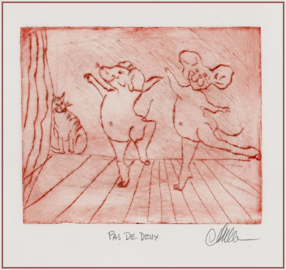 DANCING CAT PIG & MOUSE Animal BALLET Ballerina DANCERS Original ETCHING Signed - Image 1 of 1