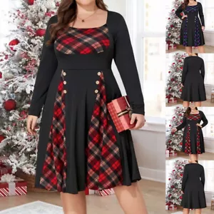 Plus Size Christmas Women Plaid Check A-Line Dress Party Cocktail Midi Dresses - Picture 1 of 23